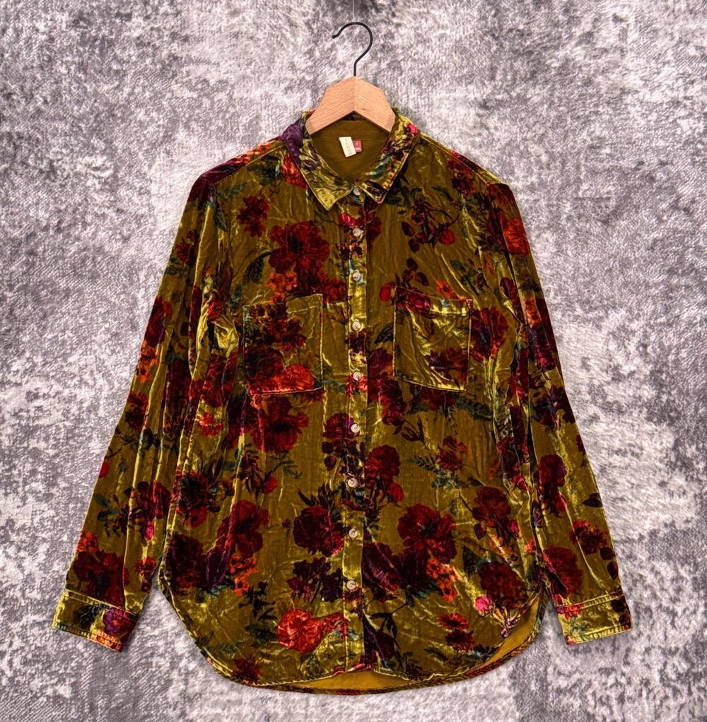 Anthropologie Shirt Small Womens Pilcro Crushed Velvet Floral Button Down